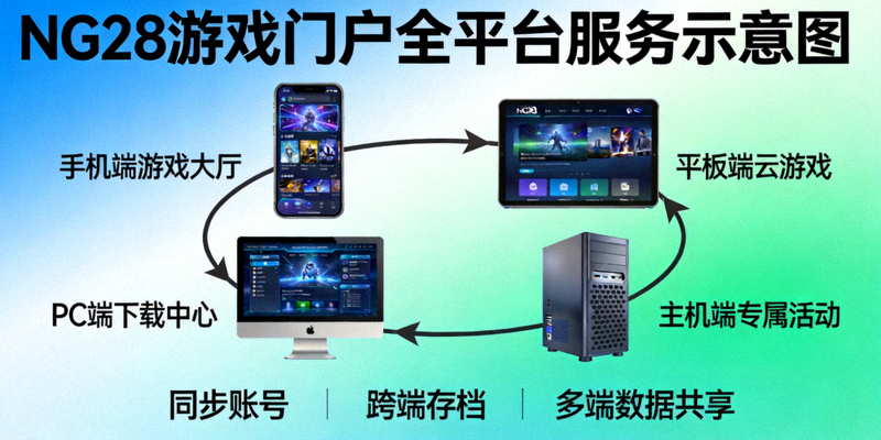 NG28游戏门户全平台服务示意图，展示多终端游戏体验