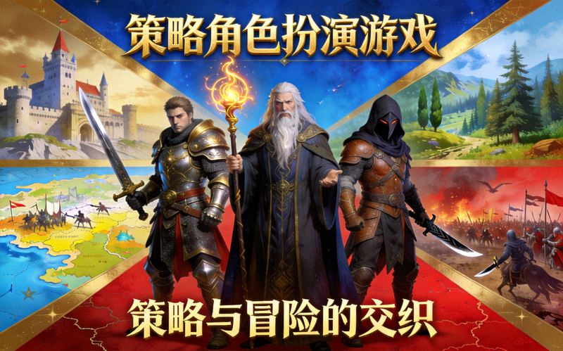 策略角色扮演游戏宣传图，展示游戏世界观和角色