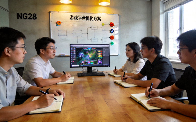 NG28团队工作会议场景，团队成员正在讨论游戏平台优化方案