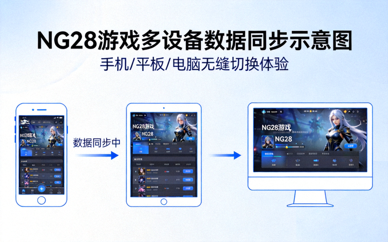 NG28游戏多设备数据同步示意图，展示手机、平板、电脑之间的无缝切换体验