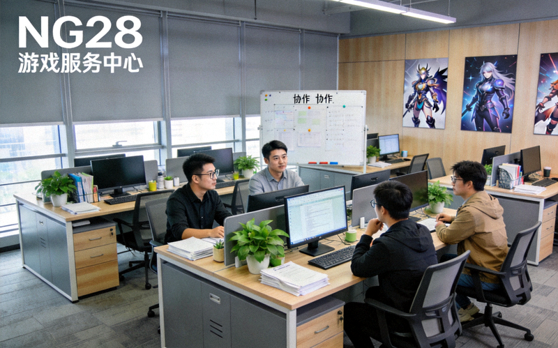NG28游戏服务中心团队工作环境，展示专业、现代化的办公场景