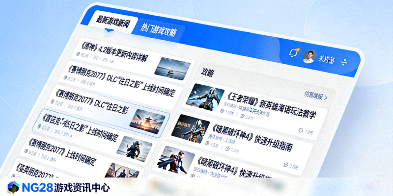 NG28游戏资讯中心界面截图，展示最新游戏新闻和攻略