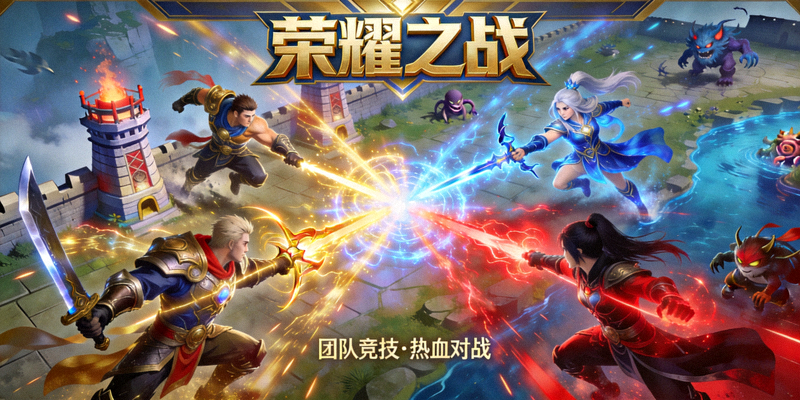 团队竞技游戏《荣耀之战》宣传图，展示团队合作对战画面