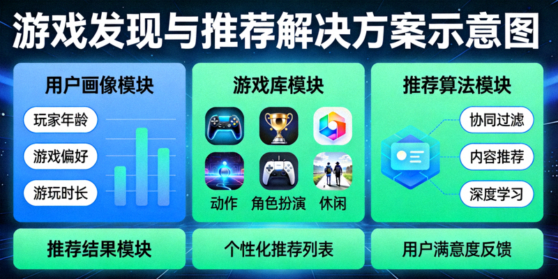 游戏发现与推荐解决方案示意图，展示个性化游戏推荐系统