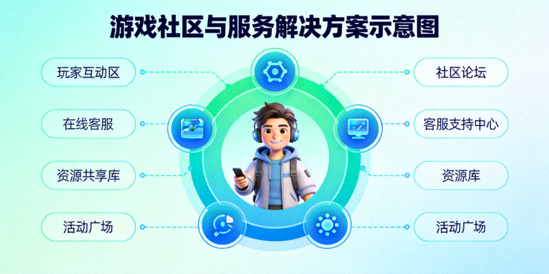 游戏社区与服务解决方案示意图，展示玩家互动与支持体系